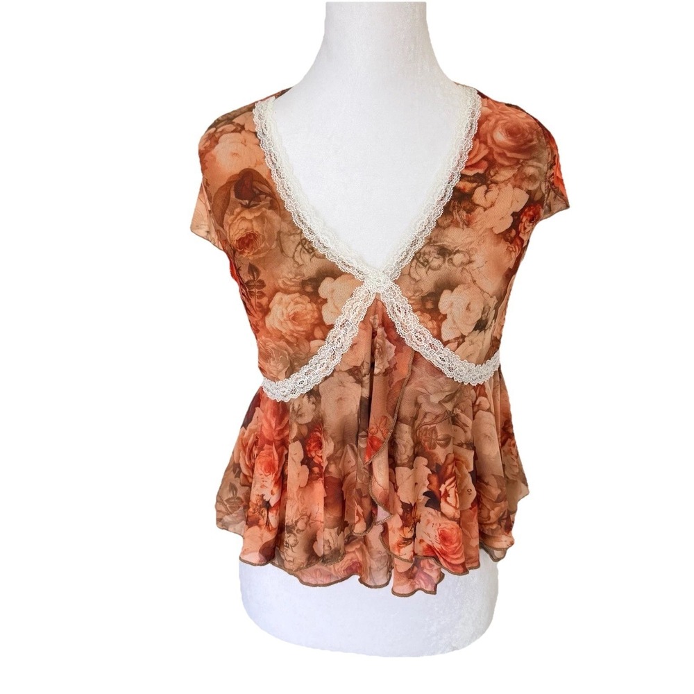 Dreamer Floral Babydoll Top Womens M Brown Lace Forest Fairy Boho Feminine Rose